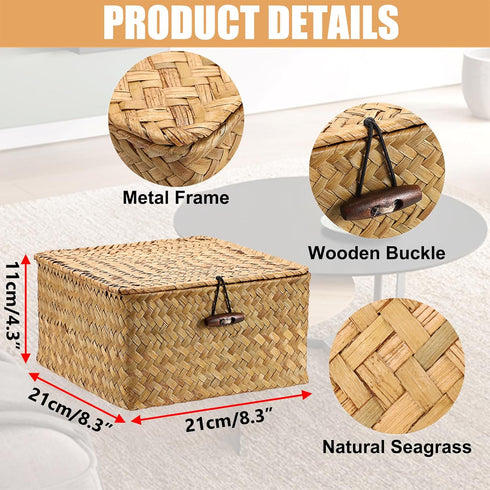 Hipiwe Wicker Shelf Basket Bin with Lid Square Handwoven Seagrass Box Decorative Household Storage Container