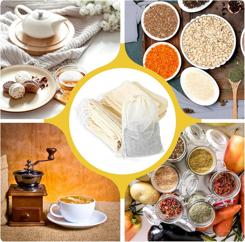30PCS Spice Bags for Cooking, Reusable Muslin Drawstring Soap Bags for Loose Tea, Cheese Cloth Straining 3x4 Inch