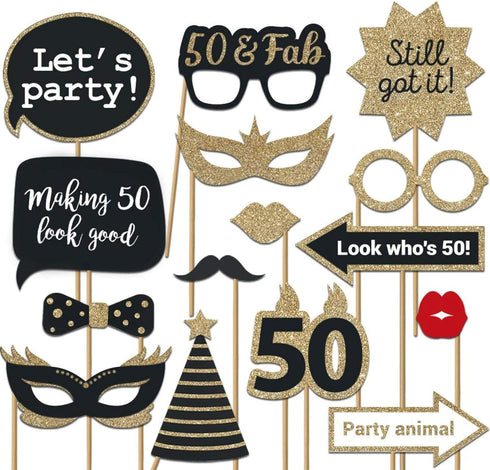 Fully Assembled 50th Birthday Photo Booth Props - Set of 30 - Cute Bday Designs with Real Glitter - Black & Gold Selfie