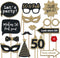 Fully Assembled 50th Birthday Photo Booth Props - Set of 30 - Cute Bday Designs with Real Glitter - Black & Gold Selfie