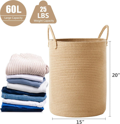 60L 15Dx20H Inches Jute Woven Laundry Hamper Basket Wicker Rope Clothes Hamper Tall Rattan Blanket Basket in Living