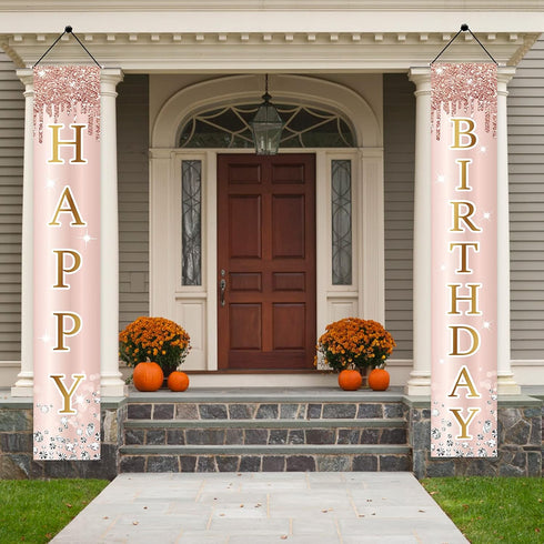 Pink Rose Gold Happy Birthday Door Banner Decorations, Birthday Party Porch Sign Supplies for Women Girls, Sweet 16th