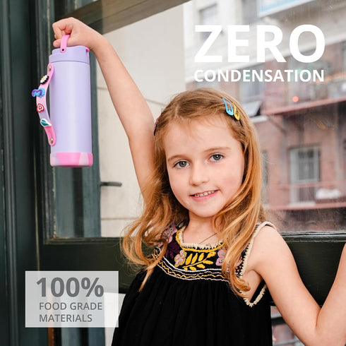 Elemental Iconic Kids Water Bottle, 20oz Triple Insulated Stainless Steel with Straw Lid & Charms Strap, Lilac Tie Dye