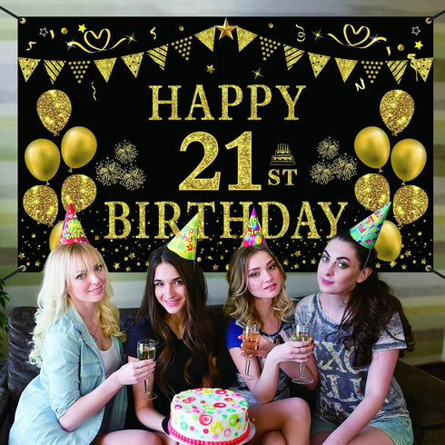 Trgowaul 21st Birthday Decorations for Her Him, Black Gold 21st Birthday Backdrop Banner, Party Supplies Photography