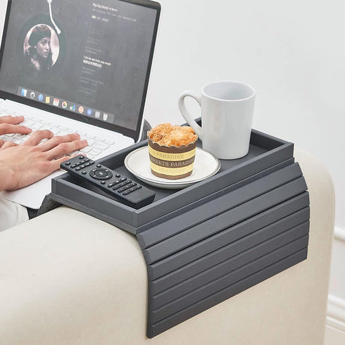 GEHE Bamboo Sofa Arm Tray, Foldable Couch Arm Tray Side Table, Anti-Falling Armrest Tables Cup Holder for Snacks