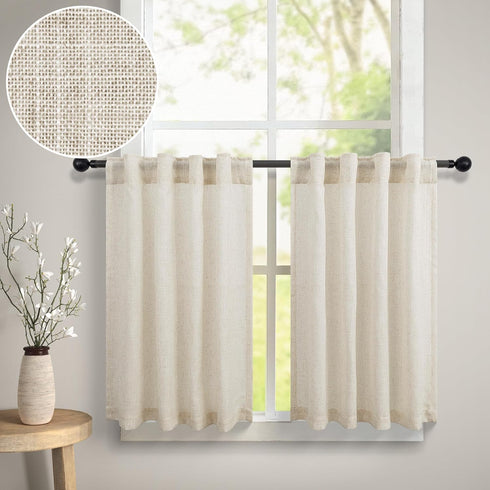 Burlap Kitchen Curtain Over Sink Window Set, 30 Inch Length Short Curtain for Laundry Bay Window, Beige