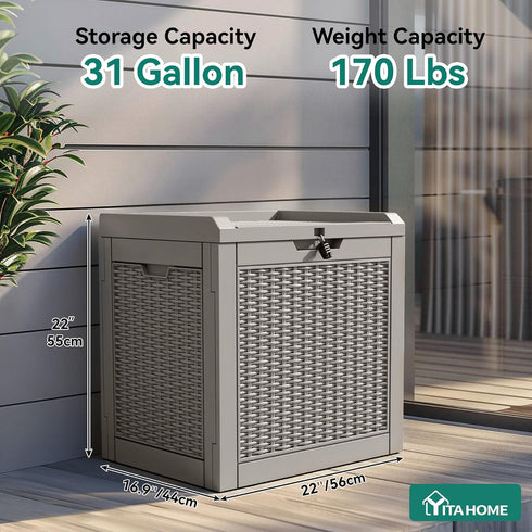 32 YITAHOME Gallon Deck Box, Resin Storage with Lockable Lid & Side Handles, Indoor Outdoor Small Container for Patio