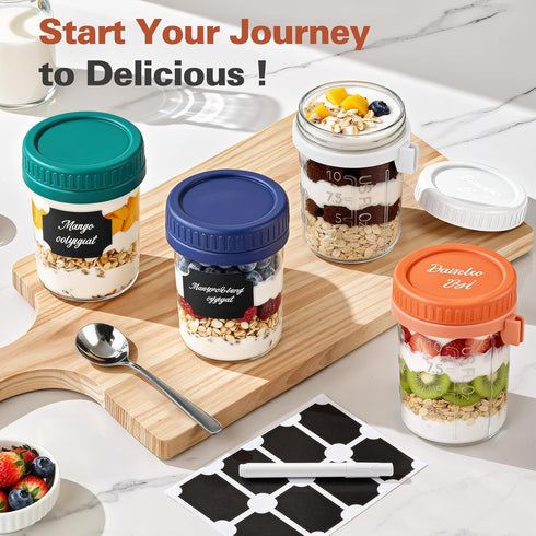 4 Pack 16 oz Overnight Oats Containers with Lids and Spoons, Airtight Oatmeal Container with Measurement Marks