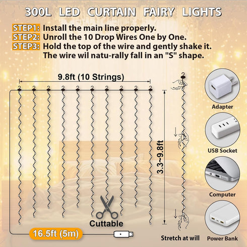 300LED 9.8x9.8Ft 8 1 Pack HXWEIYE Fairy Curtain Lights, USB Plug-in Modes Christmas String Hanging Lights with Remote