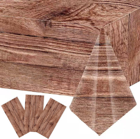 3 Pieces Wood Grain Tablecloths, Rustic Plastic Table Covers for Brown Wood Vintage Farmhouse Birthday Wedding Party