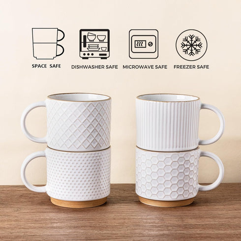 12OZ Set 4 GBhome Stackable Coffee Mugs with Stand, Ceramic Coffee Mugs with Texture Patterns for Man,Woman,Dad,Mom
