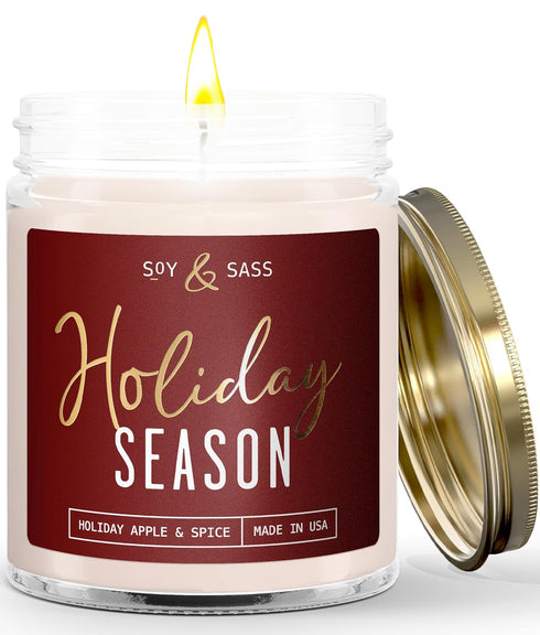 Holiday Candles - Christmas Scented Soy Candle ‘Holiday Season’ with Apple, Cinnamon & Clove - 9oz, 50Hr, Made in USA