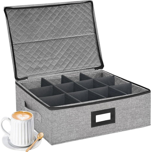 Coffee Mug Storage Box with Dividers - Durable China Storage Container for 12 Mugs, Stackable with Lid (Grey)