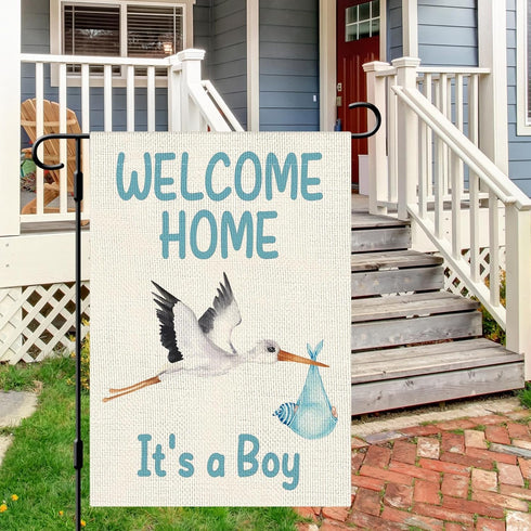 Welcome Home Baby Boy Garden Flag 12×18 Inch Double Sided Burlap Flag for Newborn Gender Reveal Lawn Yard Sign