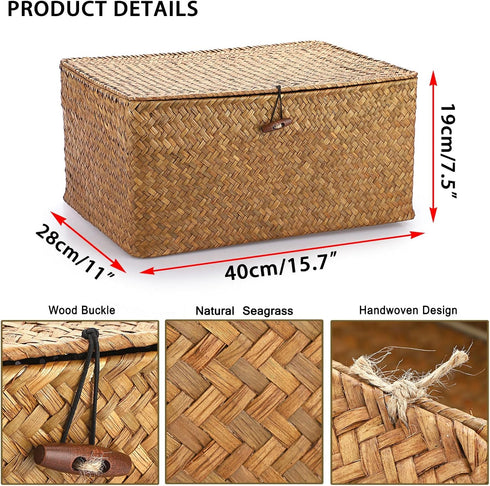 Hipiwe Handwoven Seagrass Wicker Shelf Baskets Bin with Lid, X-Large Rectangular Storage Bins for Home Organizer