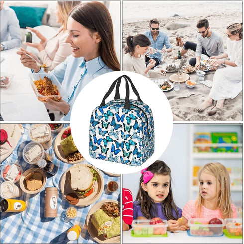 Insulated Lunch Bag Box for Women, Blue Butterfly Print Cooler Thermal Waterproof Tote Bag for Work & Picnic