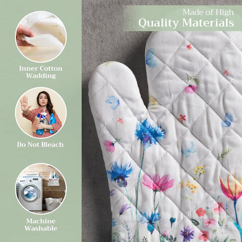 Maison d' Hermine 100% Cotton Oven Gloves - 7" x 13", Heat Resistant, BBQ Cooking Gloves, Flower in The Field
