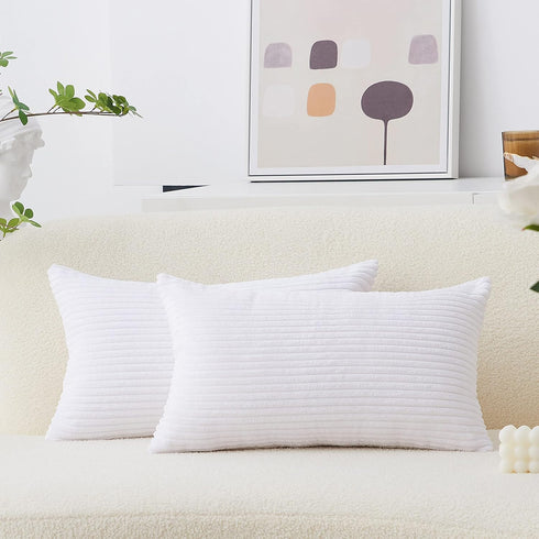 Home Brilliant Oblong Throw Pillow Covers 12x20 Striped Corduroy Rectangle for Spring Decor, Pure White