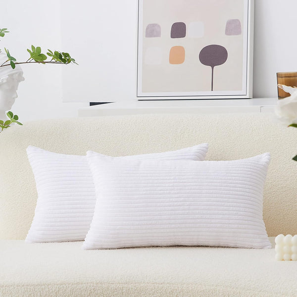 Home Brilliant Oblong Throw Pillow Covers 12x20 Striped Corduroy Rectangle for Spring Decor, Pure White