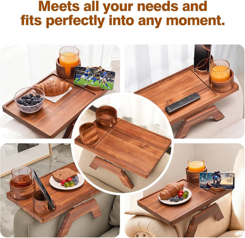 VANGONA 360Rotating Couch Armrest Table, Foldable Side Tray Table for Couch, Cup & Phone Holder Tray, Anti-Slip Snack