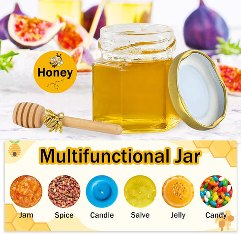 48 Pack 1.5 oz Aliggbent Mini Honey Jars Party Favors in Bulk, Small Hexagon Glass Honey Jars with Dippers, Gold Lids