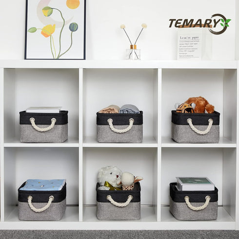 Temary Fabric Storage Baskets - 6 Pcs Small Cloth Basket for Shelves, Collapsible Decorative Storage Organizer, Black