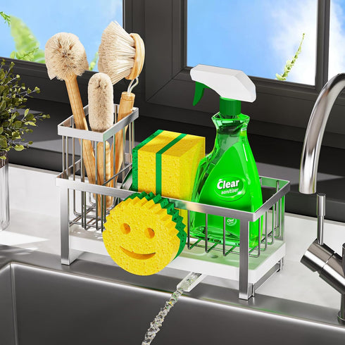 Taugast Countertop Sponge Holder for Kitchen Sink,Sink Caddy with Removable Dish Brush Holder,Self-Draining Kitchen