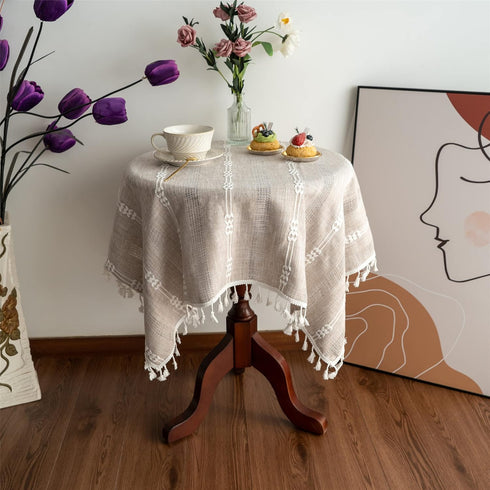 Gernaice Rustic Stripe Embroidered Tablecloth Heavy Small Square Tassel Cotton Linen Table Cloth