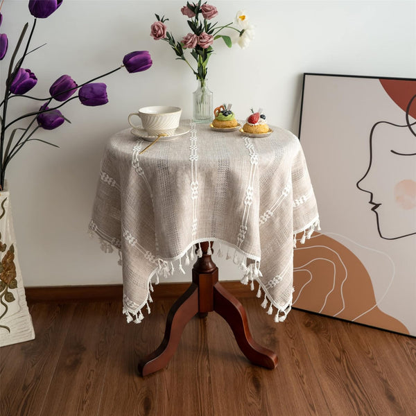 Gernaice Rustic Stripe Embroidered Tablecloth Heavy Small Square Tassel Cotton Linen Table Cloth