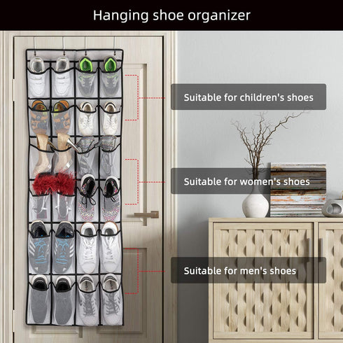 Over The Door Shoe Organizer: Hanging Shoe Rack with 24 Mesh Large Pockets for Men, Women, Kids