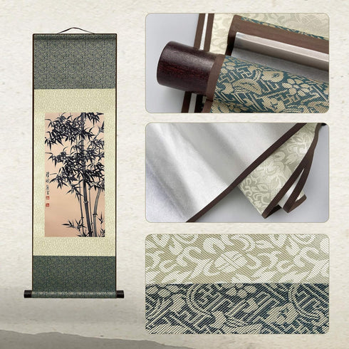 AtfArt Asian Wall Decor, Beautiful Silk Scroll Painting Bamboo Leaf Plant - Ancient Bamboo Oriental Decor (36.2 x 12 in)