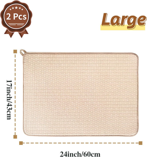 2 Pack XXL Large Microfiber Dish Drying Mat,24*17 inch Absorbent Dish Drainer Kitchen Counter,Dish Drying Pad for Countertops,Sinks,Draining Racks(Beige)