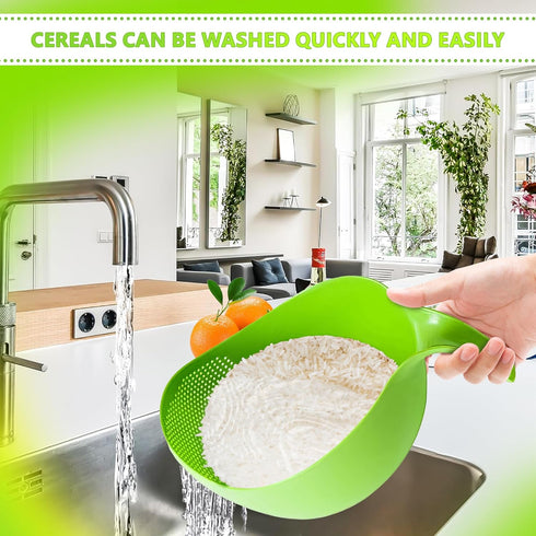 Rice Strainer with Handle - Lightweight Rice Washer Strainer Bowl with Smart Design for Easy Water Draining, Easy to