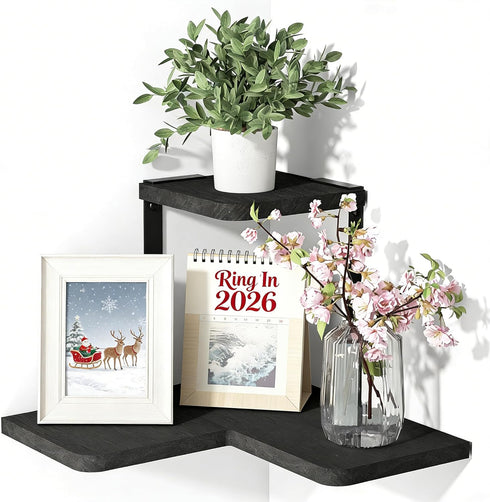 SRIWATANA Rustic Corner Shelf Wall Mounted, 2-Tier Floating Wall Shelves for Bedroom,