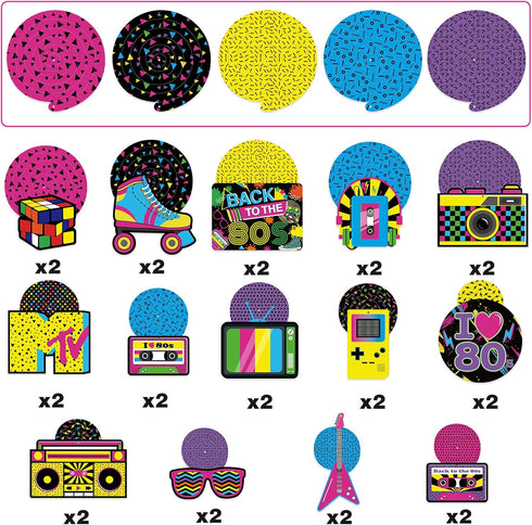 Bessmoso 28PCS 80s Party Decorations – Retro Hanging Swirls & Ceiling Streamers for 1980s Birthday