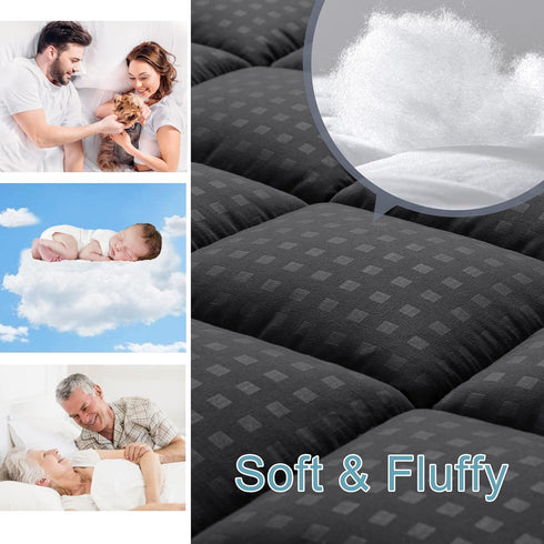 HYLEORY Quilted Queen Mattress Pad, Fitted Mattress Protector, Cooling Pillow Top Cover, Black, 8-21" Deep Pocket