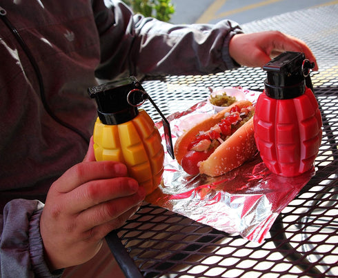 Caliber Gourmet Condiment Dispenser Set - Grenade Shape Squeeze Bottles for BBQ, Camping, Ketchup Mustard, Red & Yellow