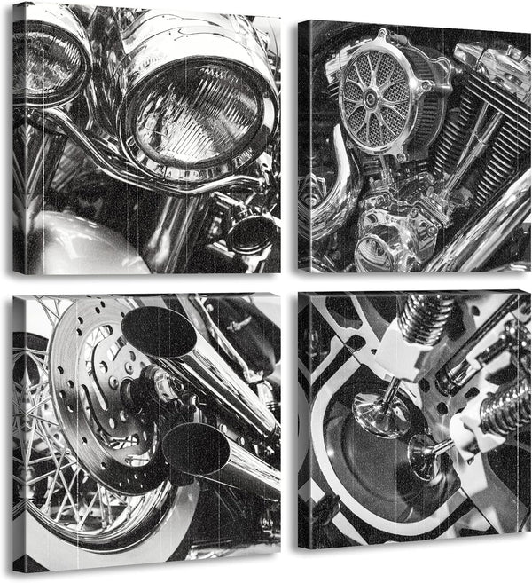 DJSYLIFE Vintage Motorcycle Wall Art Canvas Prints, Black and White Close Up Decor for Men's Bedroom and Office