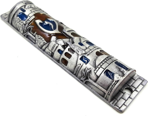 TALISMAN4U Silver Enamel Jewish MEZUZAH CASE with Scroll, 4 Inch Jerusalem Israel Judaica Door Mezuza