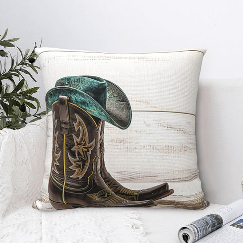 Western Cowboy Hat and Cowgirl Boots Decorative Throw Pillow Covers, 18x18 Inch Square Cushion Cover for Sofa Couch