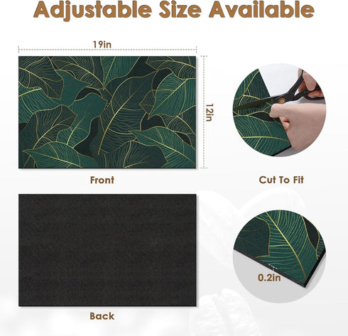 Golden Banana Leaf Emerald Green Coffee Mat for Countertop, 2 Pcs Dish Drying Mat for Kitchen Coffee Bar Accessories,