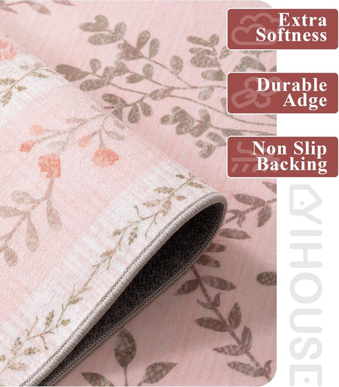 5x7 YIHOUSE Pink Floral Rug for Bedroom Girls, Washable Area Rugs for Living Room Non Slip Ultra-Thin, Soft Throw