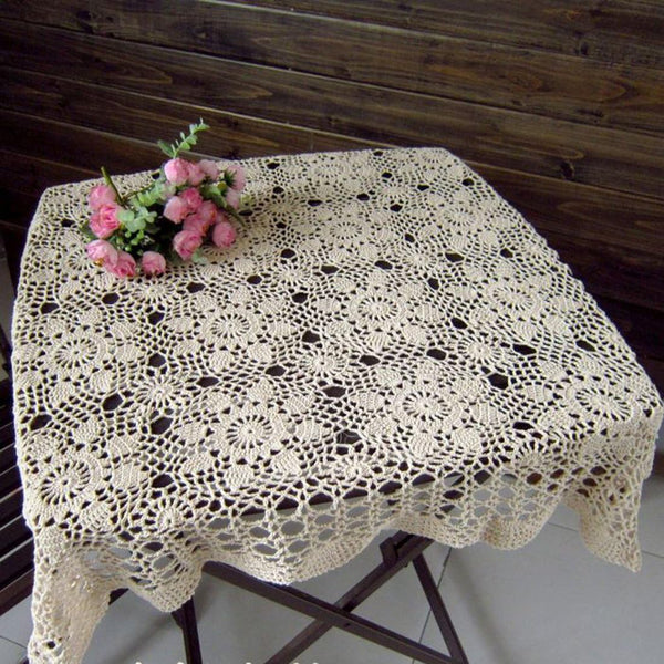 Hsvanyr 39inches Beige Tablecloth, Handmade Crochet Cotton Square Coffee Table Cover