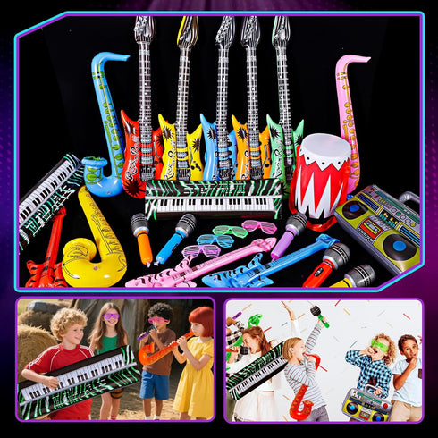 48pcs 80s 90s Inflatable Rock Star Toys, Party Decorations Inflatable Party Props Musical Instrument Blow up Guitar