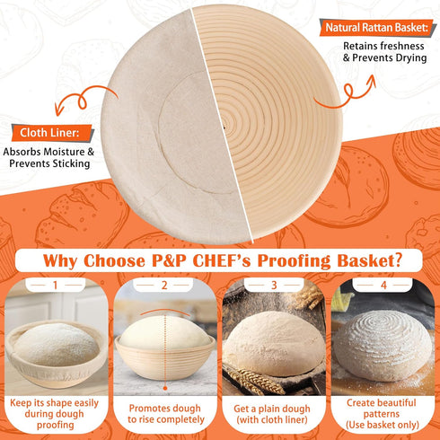 Set, 9'' P&P CHEF Complete Sourdough Starter Kit, Sourdough Bread Baking Supplies Round Bread Proofing Basket