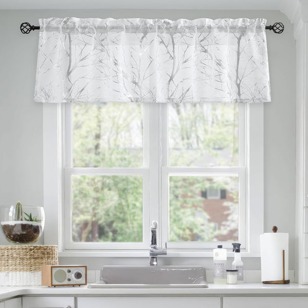 FMFUNCTEX Foil Silver Branch White Sheer Valance Curtain for Living Room Window, 18 Inches Long Light Filtering, 1
