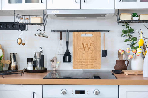 Bamboo Carved Cutting Board Gift for Home Kitchen, Housewarming, Wedding, Christmas, Monogrammed Initial W