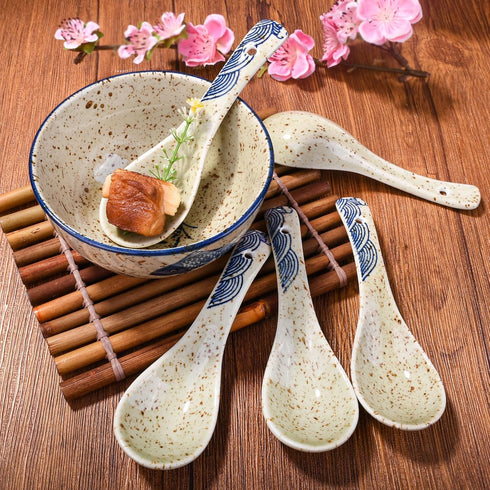Asian Soup Spoons Set of 5, Ceramic Ramen Spoons, Perfect for Dumplings, Pho, Noodles, Dishwasher Safe