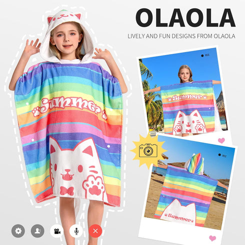 3-12 OLAOLA Striped Cat Hooded Kids Beach Towels for Years Boys Girls, Soft Absorbent Kids Hooded Bath Towel Wrap