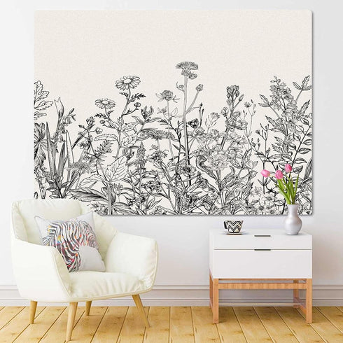 Emvency Tapestry Black and White Floral Border Herbs and Wild Flowers Botanical Wall Hanging 50" x 60" Print
